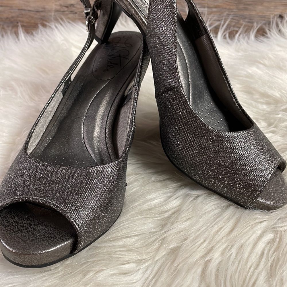 Life Stride Metallic Gunmetal Peep-Toe Heels